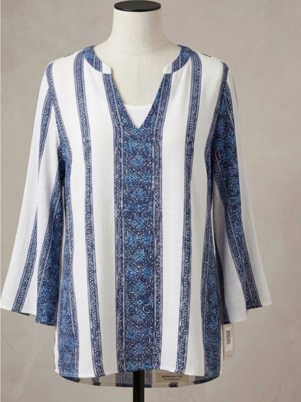 MICHAEL KORS Boho Geometric Stripe V-Neck Blouse Top Blue White XS